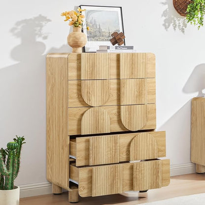 Fluted 5 Drawers Dresser for Bedroom, 46" Tall Dressers & Chest of Drawers w/Curved Profile Design, Wood Mid Century Modern Vertical Storage Dressers Organizer for Living Room, Hallway, Natural Oak