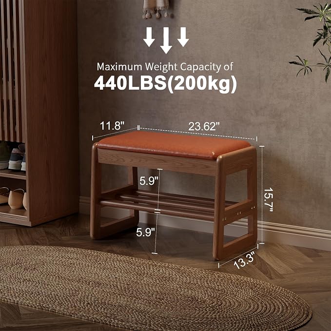 AQIMUELE Shoe Rack Bench,2 Tiers Shoe Bench with Storage with Flip-Top,Wood Shoe Rack for Entryway,Hallway（Orange Upholstered Seat,11.8" D x 23.62" W x 15.7" H）