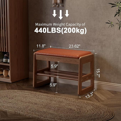 AQIMUELE Shoe Rack Bench,2 Tiers Shoe Bench with Storage with Flip-Top,Wood Shoe Rack for Entryway,Hallway（Orange Upholstered Seat,11.8" D x 23.62" W x 15.7" H）