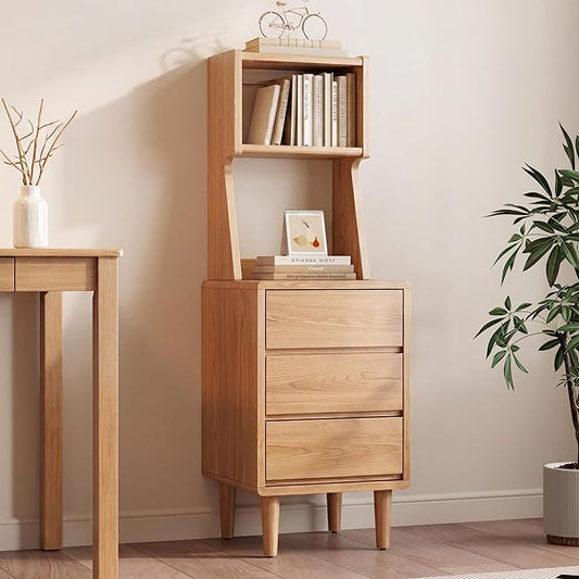 Solid Wood Bookshelf with Drawers,Narrow bookcase with Storage Shelves,Tall Nightstand with Drawers,Mid Century Modern Nightstand,Open Shelf Bookcase,Small Book Shelf for Bedroom,Living Room,Offices