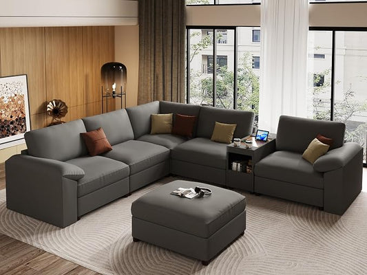 EASE MOOSE Oversized Corner Modular Sectional Sofa with Ottoman and Console, Faux Leather Sectional Sofa with Deep Seat, Scratch Resistant Faux Leather Material, Extra Large L Shaped Couch, Grey