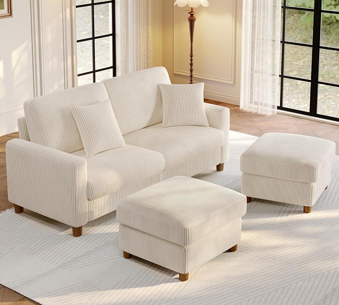 Welzona 70.2" Couches for living room, Comfy U Shaped Couch Beige 7.1" Thicker Cushion, Sofas for Living Room Tool-Free Setup, Loveseat with Ottoman 7058lbs Support, Corduroy Couch for Bedroom, Office