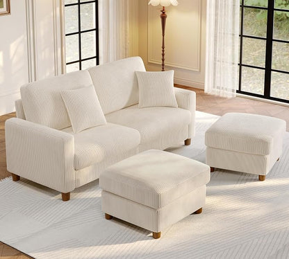Welzona 70.2" Couches for living room, Comfy U Shaped Couch Beige 7.1" Thicker Cushion, Sofas for Living Room Tool-Free Setup, Loveseat with Ottoman 7058lbs Support, Corduroy Couch for Bedroom, Office