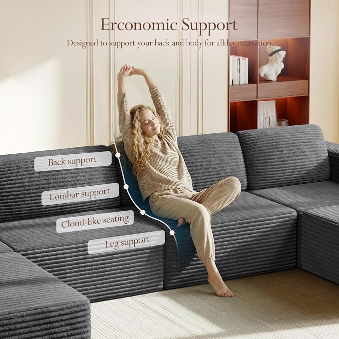 Vesgantti 159" Large Modular Sectional Sofa, U-Shaped Corduroy Cloud Couch with Deep Seats & Spring Support, 4-Seater Boneless Sofa with 2 Movable Ottomans, No Assembly Needed, Grey
