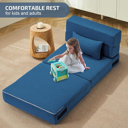 SUYOLS Folding Sofa Bed with Pillow- Convertible Chair Floor Couch & Sleeping Mattress, Foldable Memory Foam Sleeper for Living Room/Dorm/Guest Room/Home Office/Apartment/Loft, Single28,Navy Blue