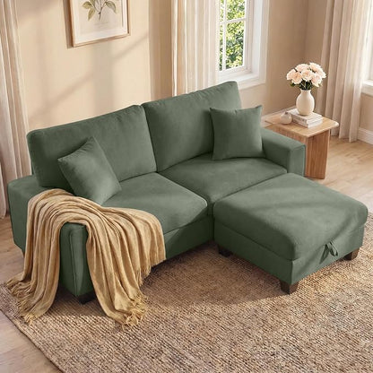 DOPEDIO L-Shaped Sectional Sofa with Storage Ottoman, Modern Chenille Recliner Loveseat, Removable Couch Covers, Pocket Spring Cushions, Solid Wood Frame, Easy to Install (88.58inch, Green)