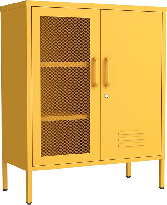 Yellow Lockable Mesh & Metal Door Storage Cabinet, 3-Tier Heavy Duty Steel Locker with 2 Adjustable Shelves, Accent Cabinet for Living Room, Home Office, 33" H x 29.5" W x 13.8" D