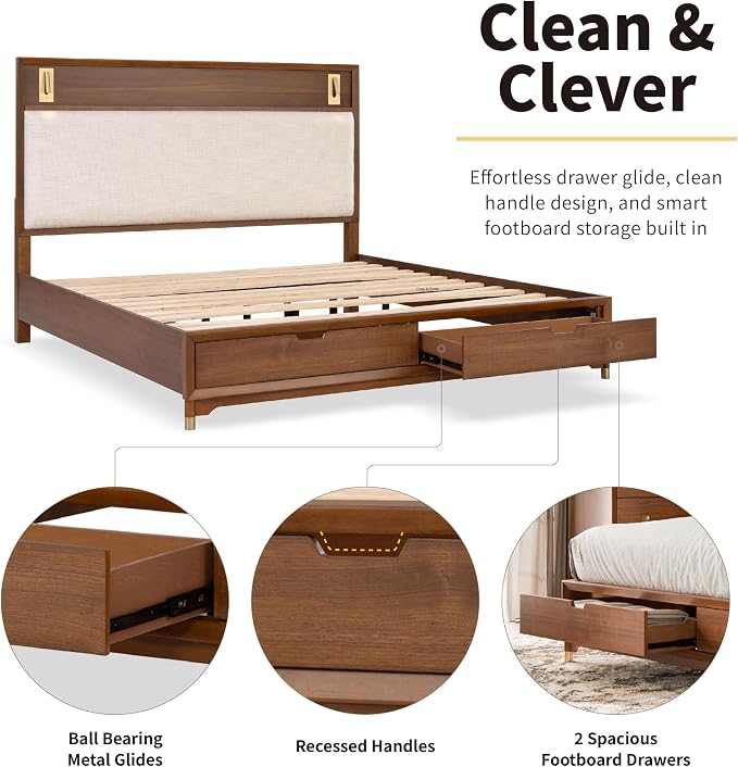 Furniture of America Forma Modern Solid Wood 4-Piece Bedroom Set with Storage Bed with LED Lights, Ball-Bearing Glide on Nightstand and Dresser with Mirror, No Box Spring Needed, King, Walnut