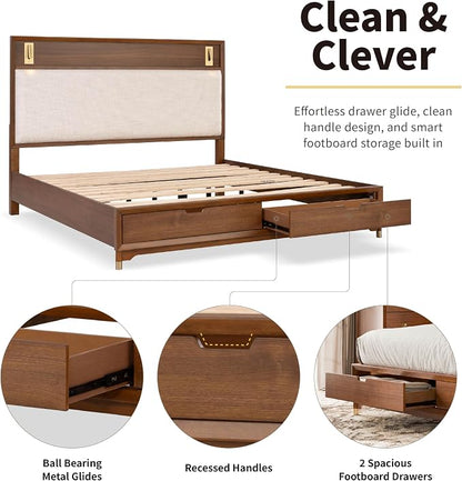 Furniture of America Forma Modern Solid Wood 4-Piece Bedroom Set with Storage Bed with LED Lights, Ball-Bearing Glide on Nightstand and Dresser with Mirror, No Box Spring Needed, King, Walnut
