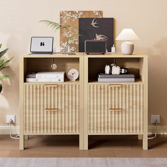 Nasonet Night Stand Set 2, Fluted End Table Set of 2, Modern Nightstand with Charging Station, Wood Bedside Table with Storage Drawer for Bedroom, Natural Oak