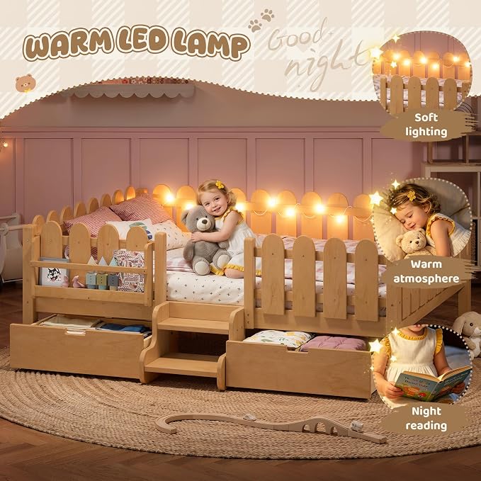 Bellemave Queen Size Montessori Bed with Stairs, Lights, Rails and Slats, Queen Size Montessori Floor Bed with Bookshelf and 2 Storage Drawers, Easy Assemble Beds Frame for Girls, Boys, Light Natural