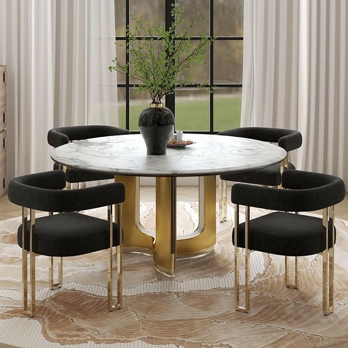 Hyfirm Set of 4 Modern Black Boucle Dining Chairs with Gold Metal Legs, Mid Century Accent Upholstered Barrel Armchairs with Open-Back for Kitchen, Dining Room, Living Room, Apartment