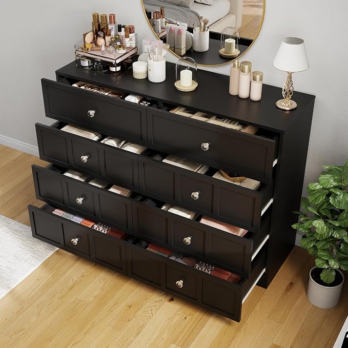 8 Drawer Dresser for Bedroom: 47" Fluted Black Dresser Deep Drawers, Modern Chest of Drawers for Bedroom, Fluted Wood Dressers for Living Room, Hallway