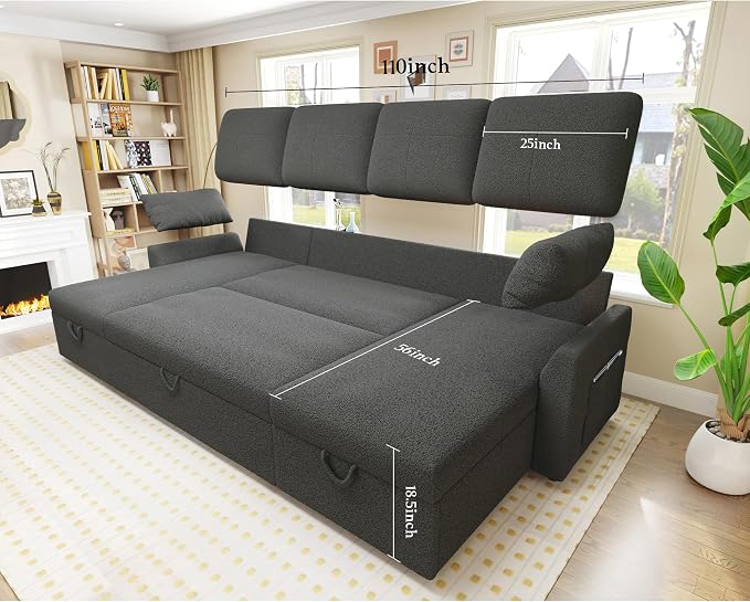 PaPaJet 110 Inch Sleeper Sofa, Oversized Pull Out Couch with Double Storage Chaise，U Shape Couches for Living Room-Dark Gray Boucle