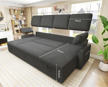 PaPaJet 110 Inch Sleeper Sofa, Oversized Pull Out Couch with Double Storage Chaise，U Shape Couches for Living Room-Dark Gray Boucle