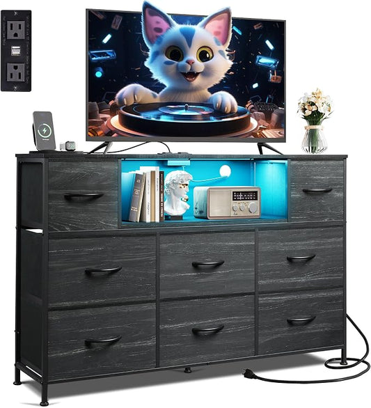 WLIVE Black Dresser TV Stand for 45, 50, 55 inch TV, Entertainment Center with LED Lights & Charging Station, Chest of Drawers with 8 Fabric Drawers and Open Shelves for Living Room, Hallway, Wood Top