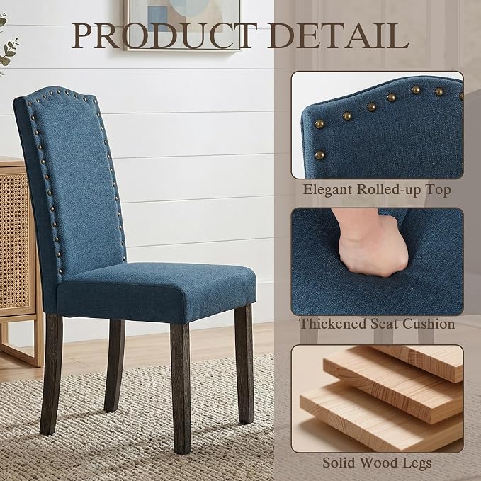 LSSBOUGHT Dining Chairs Set of 2,Upholstered Parsons Dining Room Chairs Fabric Kitchen Chairs with Solid Wood Frame and Nailhead Trim(Blue)