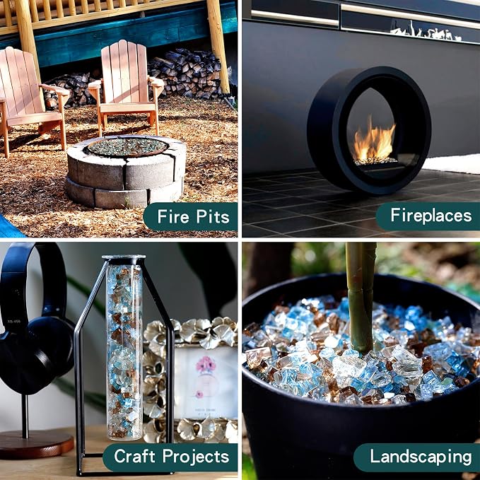 Onlyfire 10 pounds Fire Glass for Propane Fire Pit and Gas Fireplace, 1/4 Inch Blended Reflective Firepit Glass Rocks for Fire Pit Table and Fire Bowl, Aqua Blue+Platinum+Copper