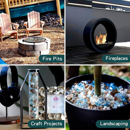 Onlyfire 10 pounds Fire Glass for Propane Fire Pit and Gas Fireplace, 1/4 Inch Blended Reflective Firepit Glass Rocks for Fire Pit Table and Fire Bowl, Aqua Blue+Platinum+Copper