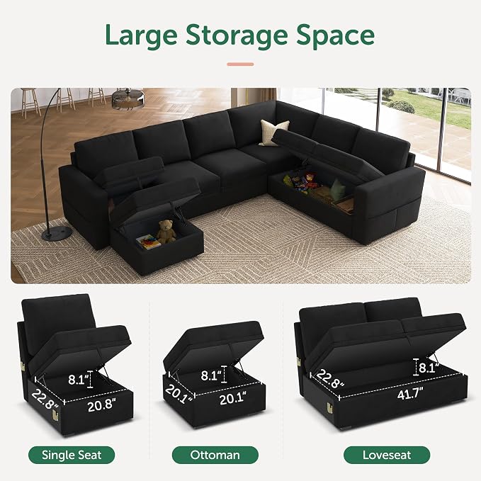 HONBAY Sectional Sleeper Couch with Pull Out Bed, U Shaped Sectional Sofa with Storage, Modular Velvet Sectional Couches for Living Room, Black