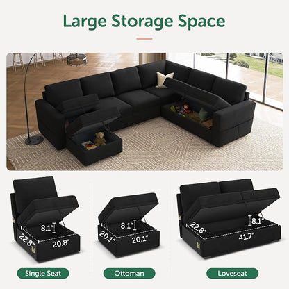 HONBAY Sectional Sleeper Couch with Pull Out Bed, U Shaped Sectional Sofa with Storage, Modular Velvet Sectional Couches for Living Room, Black