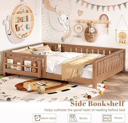 Bellemave Queen Size Floor Bed with Slats and Guardrails, Queen Size Montessori Floor Bed with Bookcase and Fence, Low Profile Montessori Beds for Kids, Natural Floor Beds Frame