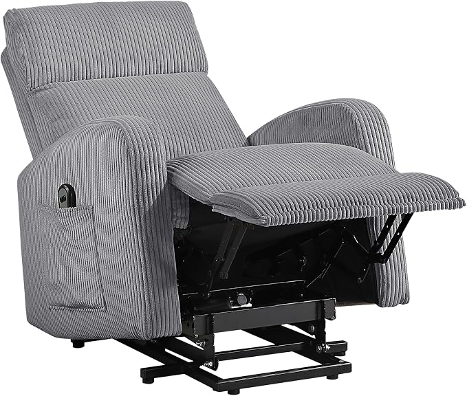 Lexicon Power Lift Recliner Chair for Elderly with Remote Control, Gentle Lift Motion, Side Pocket Armrest, Corduroy Upholstered Electric Recliner for Living Room/Bedroom, Easy Assembly, Dark Gray