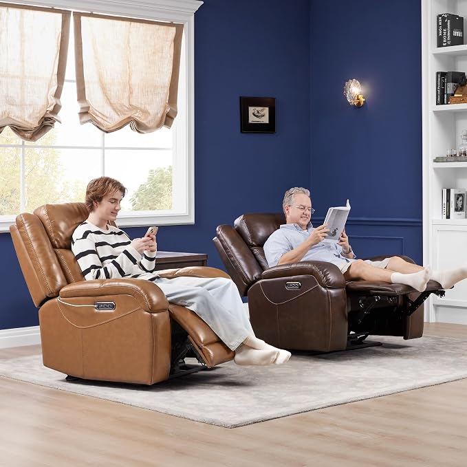 Watson & Whitely Oversized Genuine Leather Power Recliner Chairs for Big and Tall, Wall Hugger Recliner with Power Headrest & Charging Ports, Extra Large Reclining Chair for Living Room, Saddle Brown