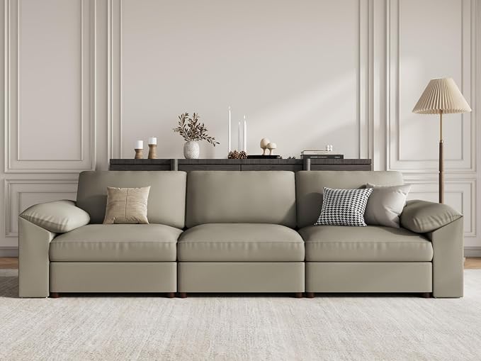 EASE MOOSE 3 Seater Deep Seat Sectional Sofa,Scratch Resistant Faux Leather Material, Oversized Modular Couch for Living Room,Modern Comfy Sofas for Small Spaces, Light Grey