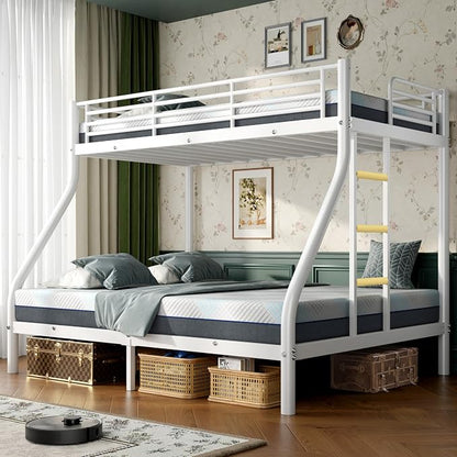 Bunk Beds Twin XL Over Full Size with 6" Mattresses Included, All-in-One Bunk Bed for Kids/Adults, Heavy Duty Sturdy Frame with Ladder Guardrail, with Memory Foam Mattresses, White