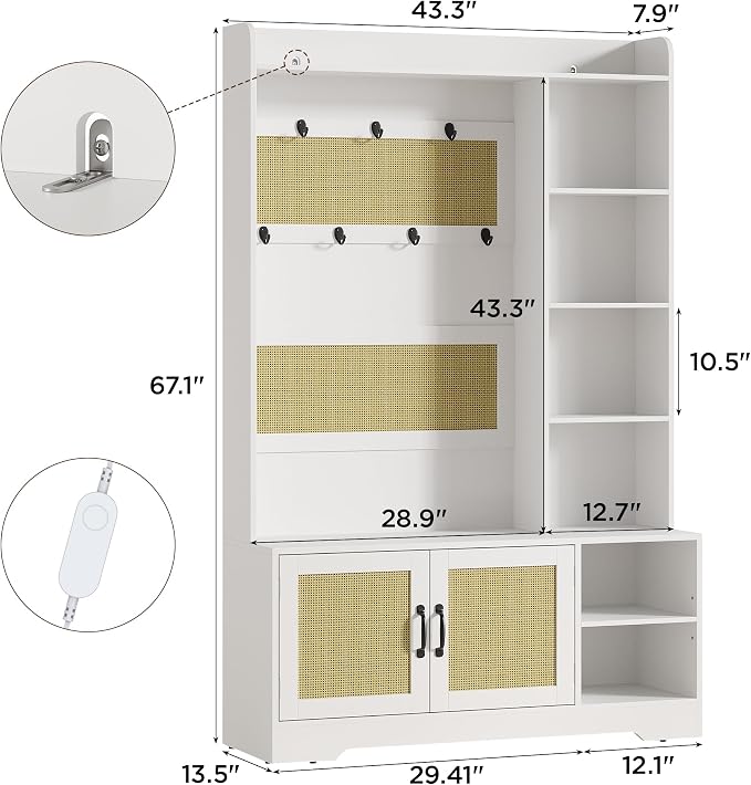 Maupvit 67" Tall Modern Boho Hall Tree with Bench and Shoe Storage, Entryway Fluted Coat Tree, Mudroom Bench with Rattan Door, 7 Coat Hooks, Adjustable LED Light for Garage, Halls,Rustic White