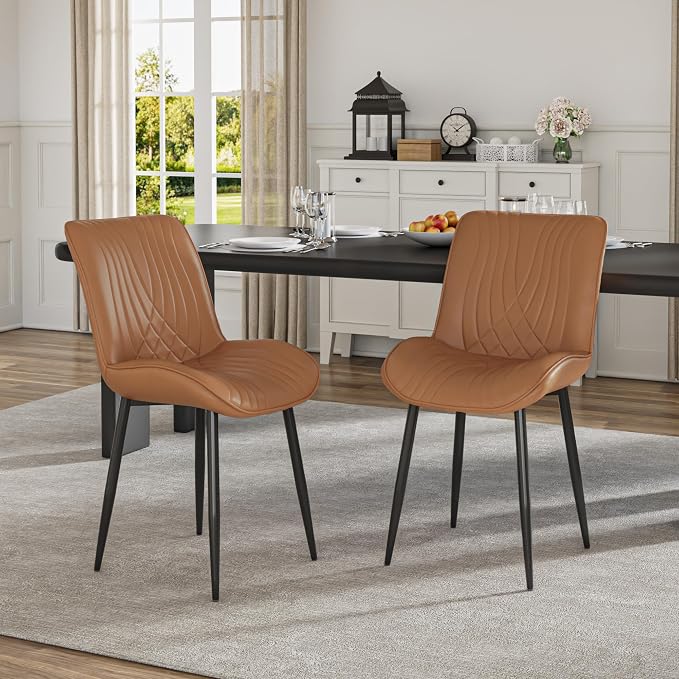 VECELO Dining Chairs Set of 2, Modern Upholstered Faux Leather Cushion Seat and Metal Legs for Kitchen, Living Room, Vintage Cognac Brown