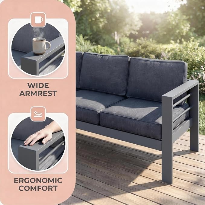 Kiss the Water 3 Seats Aluminum Outdoor Patio Sofa Set, All Weather Rust-Proof Metal Patio Couch, Modern Outdoor Furniture for Backyard Porch Garden, 5" Thick Waterproof Olefin Cushions, Light Grey