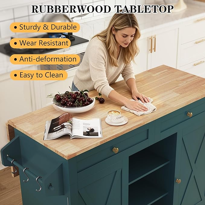 HLR Kitchen Island On Wheels, Dark Green Rolling Kitchen Islands Cart with Drop Leaf Countertop, Barn Door Kitchen Island with Storage Cabinet and Tower Rack, Island Table for Kitchen