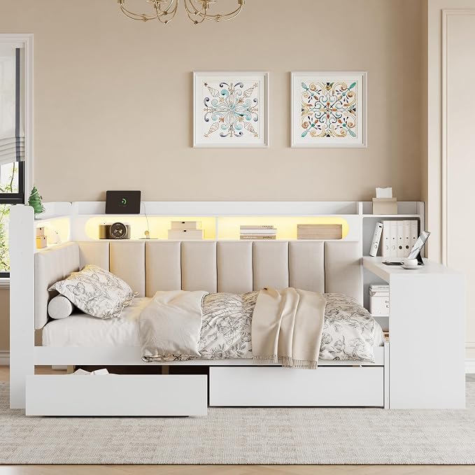 Bellemave Full Upholstered Daybed with Desk and Drawers and USB/LED Belt, Corner Bed with Trundle, L-Shape daybed for Bedroom Living Room, White（Linen）