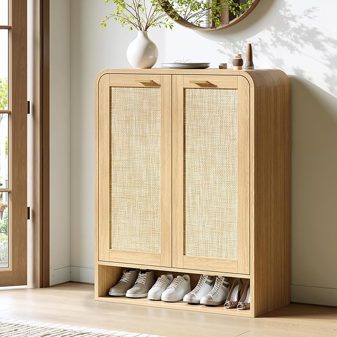 Evermagin 41" Tall Rattan Shoe Storage Cabinet, 24 Pairs Shoe Cabinet for Entryway, 5-Tier Boho Shoe Organizer with Doors for Hallway Living Room Closet, Natural Oak