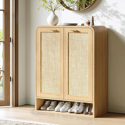 Evermagin 41" Tall Rattan Shoe Storage Cabinet, 24 Pairs Shoe Cabinet for Entryway, 5-Tier Boho Shoe Organizer with Doors for Hallway Living Room Closet, Natural Oak