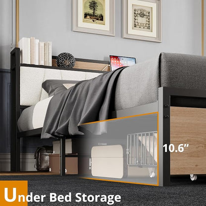 LIKIMIO California King Size Bed Frame with 2 Drawers and Charging Station | Platform Bed with Upholstered Storage Headboard, No Box Spring Needed, Easy Assembly, Sturdy, Wood and Cream