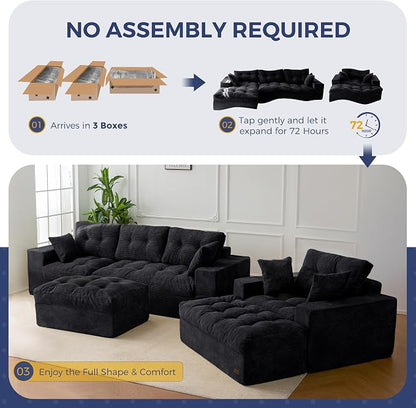 MAXYOYO Sectional Sofa Couch and Chaise Lounge, L Shaped Modern Cloud Couch with Ottoman, Comfy Tufted Upholstered Couch with Layered Cushion for Living Room, No Assembly Required, Black