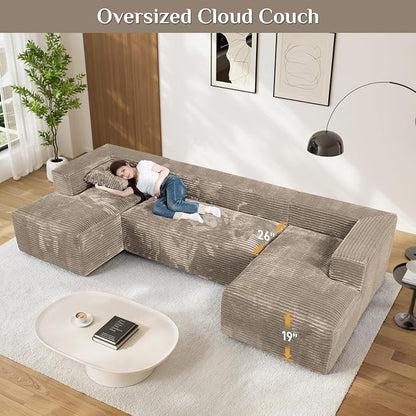 131" Oversized U Shaped Cloud Sectional Couches for Living Room, Comfy Fluffy Corduroy Light Brown Boneless Sectionals Couch, Plush Memory Foam Modular Sectional Sofa with Chaise- 19" Seat Height