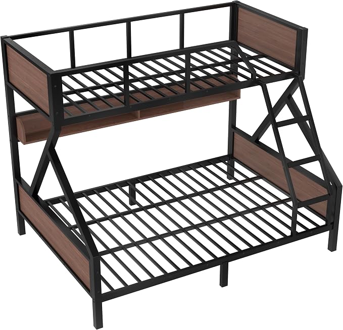 Bellemave Bunk Bed Twin XL Over Queen with LED, Heavy Duty Metal Bunk BedFrame with Storage Shelves and Lights, Black