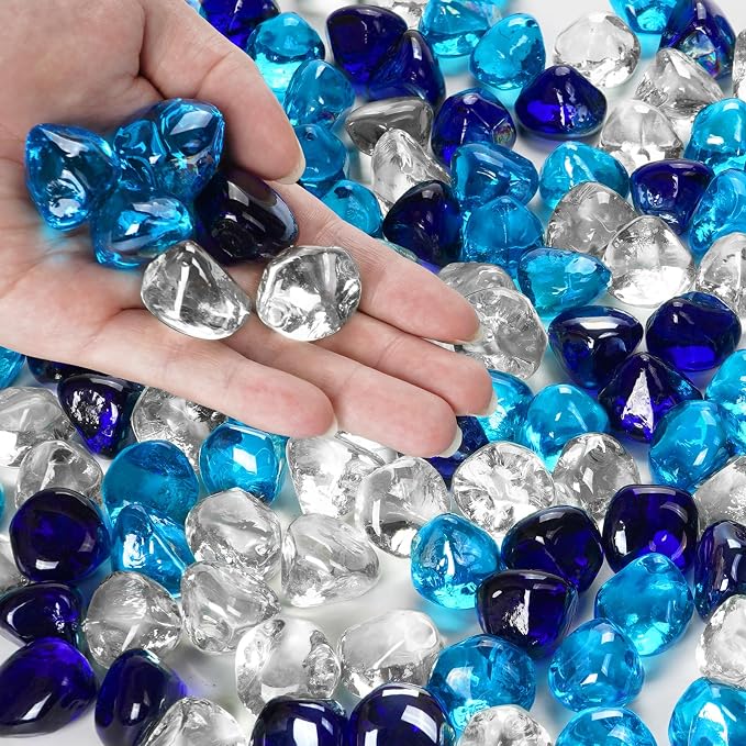 Blended Fire Glass Diamonds for Propane Fire Pit, Fireplace, and Outdoor Decoration,1 Inch Fire Pit Glass Rocks 20-Pound (Crystal Clear+Cobalt Blue+Caribbean Blue)