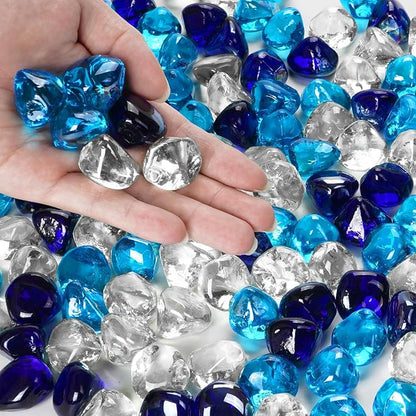 Blended Fire Glass Diamonds for Propane Fire Pit, Fireplace, and Outdoor Decoration,1 Inch Fire Pit Glass Rocks 20-Pound (Crystal Clear+Cobalt Blue+Caribbean Blue)