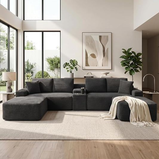 ivoros 140 Inch Modular Sectional Sofa Couch, Oversized Modern Cloud Couch for Living Room, U Shape Couches with 2 Ottomans and Cup Holders, Dark Grey Corduroy Boneless Sofas, Sofa in a Box