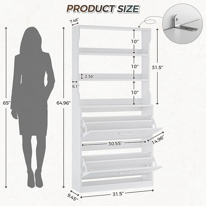 IRONCK Tall Shoe Cabinet with 2 Flip Drawers, Narrow Hidden Shoe Storage Cabinet with Shelves, Slim Freestanding Shoe Organizer for Entryway, Hallway, White