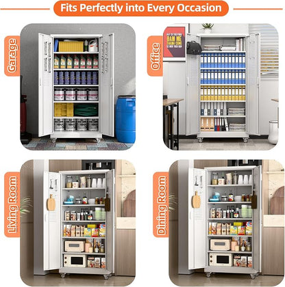 Aobabo 71" White Metal Storage Cabinet with Wheels and Pegboard | 16"D x 32"W x 71"H steel cabinet; lockable doors, 5 adjustable shelves, and wheels for garage, office, pantry.