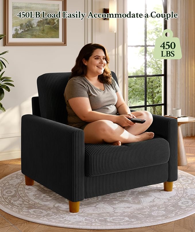 Welzona 35.3" Couches for Living Room, Comfy Black Couch Single with 22.5" Deeper Seat, Accent Chair Tool-Free Setup, Reading Chair 440lbs Support, Corduroy Couch for Bedroom, Apartment, Office