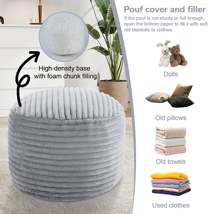 MeMoreCool Stuffed Round Pouf Ottoman Foot Rest, Soft Plush Floor Pouf Foot Stool, Corduray Footstool Footrest, Small Round Ottoman for Living Room Couch Sofa Chair, 20x15 Inch Grey