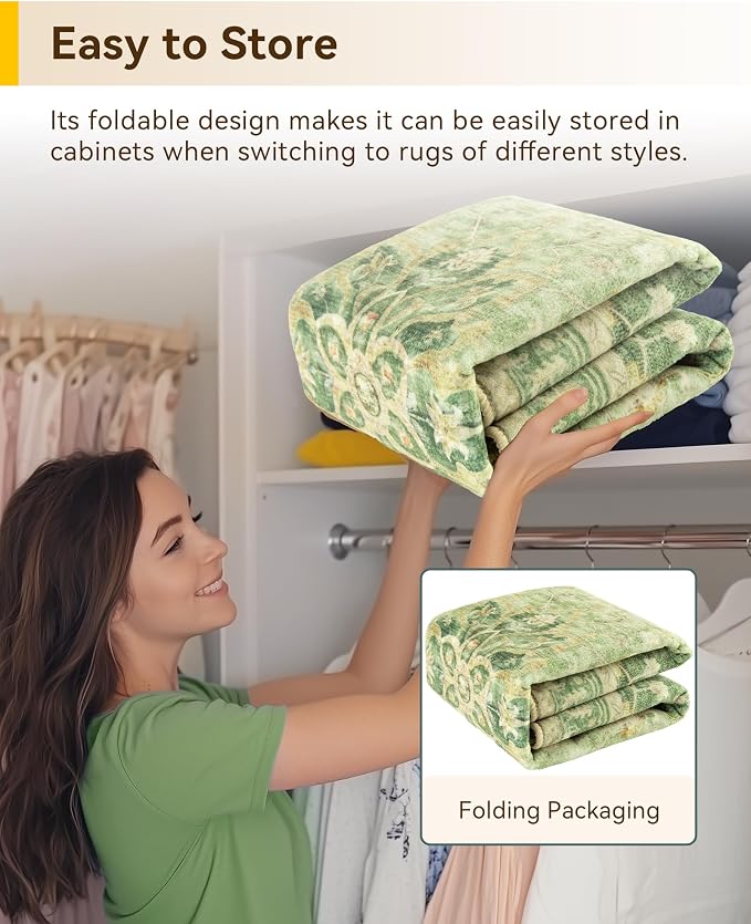 RELEANY Area Rugs Round 6ft Washable Non-Slip, Floral Vintage Distress Medallion Carpet for Living Room Bedroom Dining Room, Sage Green Yellow