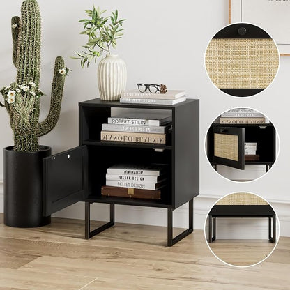 Masupu Rattan Nightstand,Modern Boho Farmhouse Wood Bedside Table with Storage Drawer and Open Shelf,Small Black Frame Side End Table for Bedroom,Living Room,Office (Black)